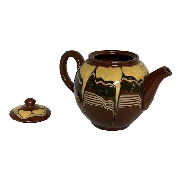 Vintage Redware Teapot Made Bulgaria Flower Fading Brown Yellow Drip Glaze READ - Picture 6 of 14